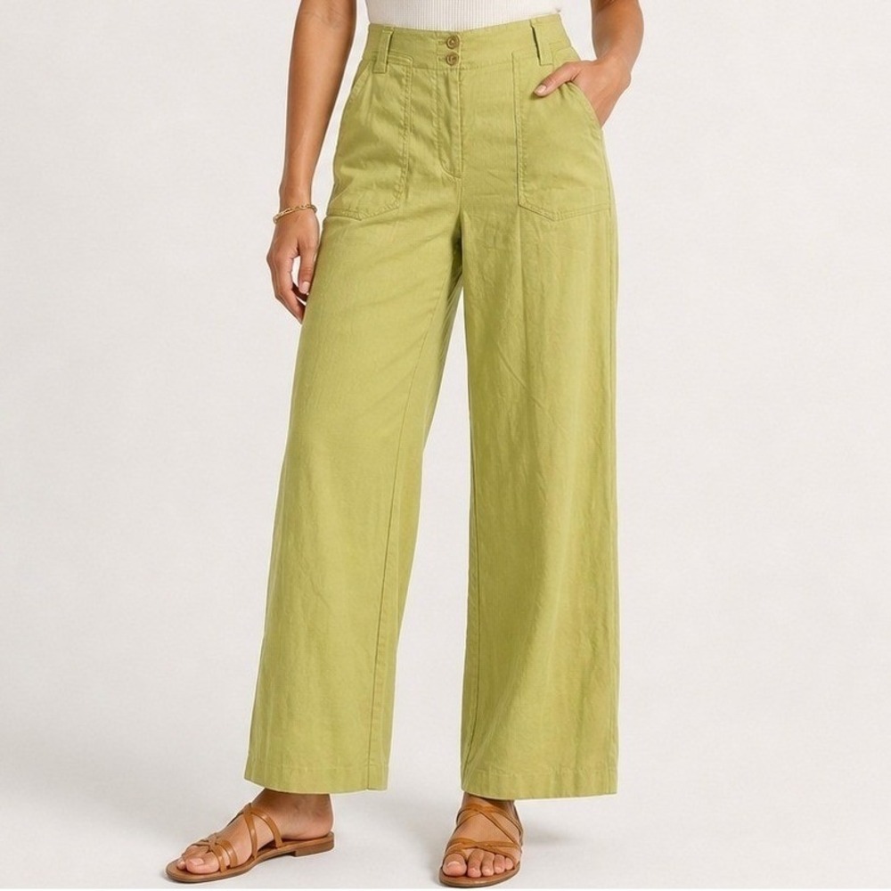 Maeve Anthropologie Wide Leg Pants 14 Chartreuse Linen Blend‎ High Rise Boho
